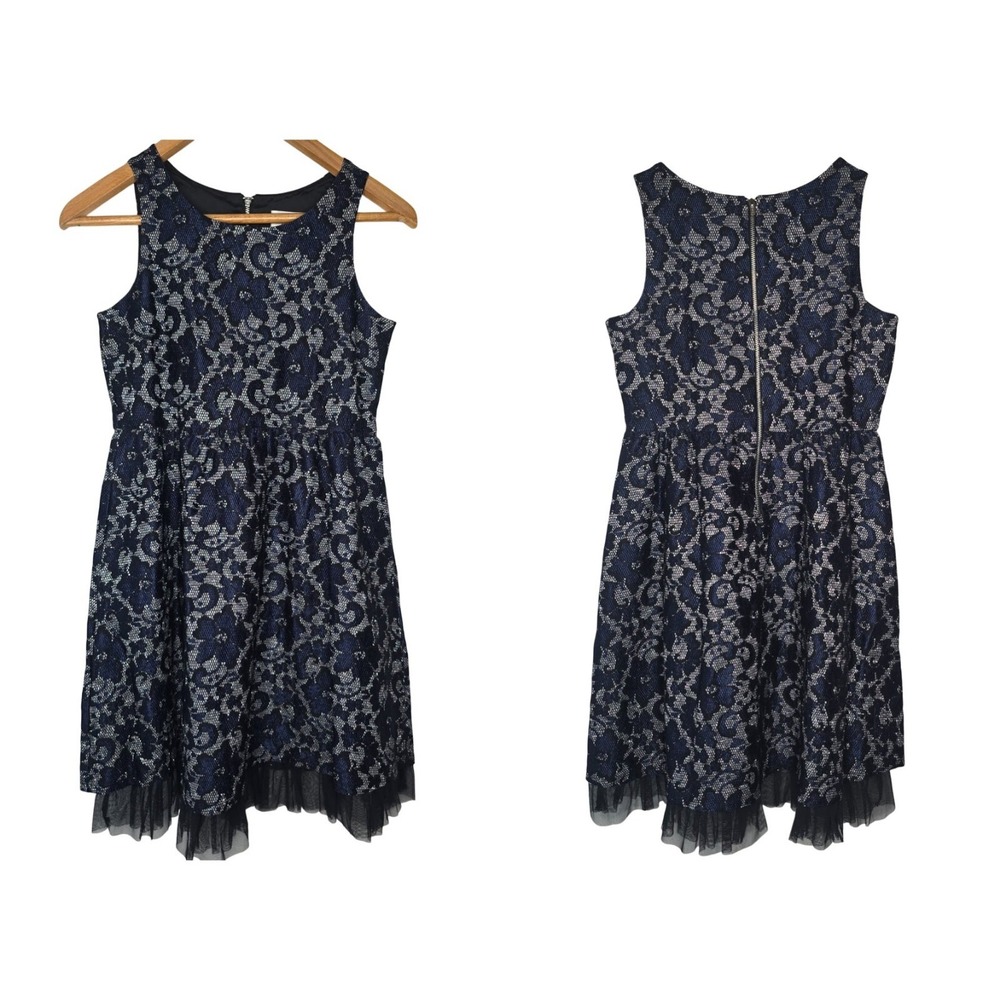 Justice‎ Lace Tulle Fit and Flare Dress Girls 14 Navy Blue Silver Holiday Party